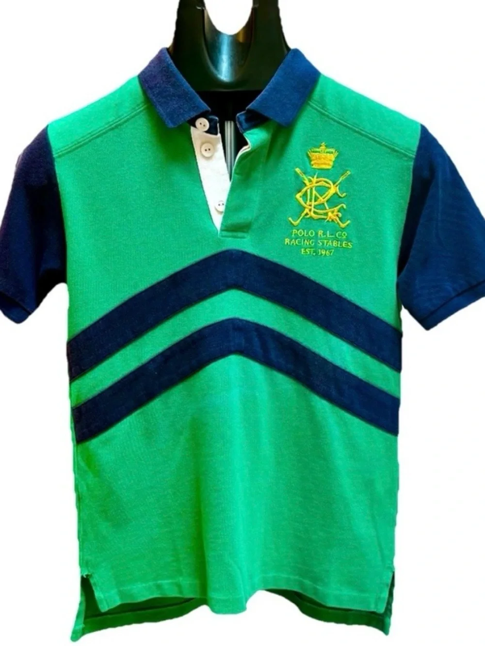 Polo Ralph Lauren Boys Polo Shirt Green/Navy Racing Stables Crest - Size L